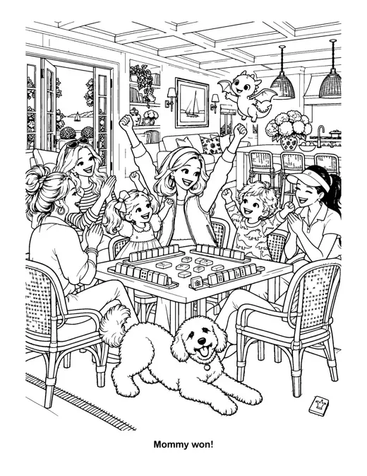 Coloring page "Mommy won!": everyone cheers around the mahjong table